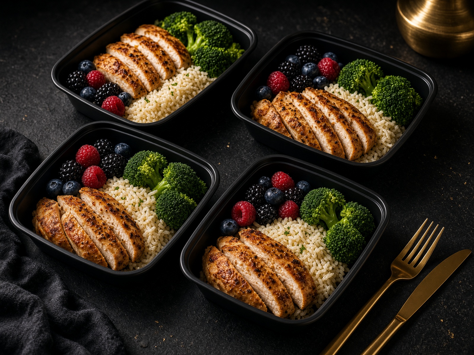 Precision high-protein meals plated in black containers